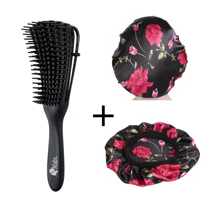 Afabs® Zwarte Anti-klit Haarborstel + Zwarte bloemen satijnen slaapmuts | Detangler brush | Detangling brush | Satin cap / Hair bonnet / Satijnen nachtmuts / Satin bonnet | Kam voor Krullen | Kroes haar borstel