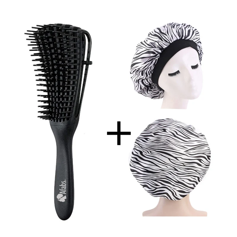 Afabs® Zwarte Anti-klit Haarborstel + Witte tijger print satijnen slaapmuts | Detangler brush | Detangling brush | Satin cap / Hair bonnet / Satijnen nachtmuts / Satin bonnet | Kam voor Krullen | Kroes haar borstel