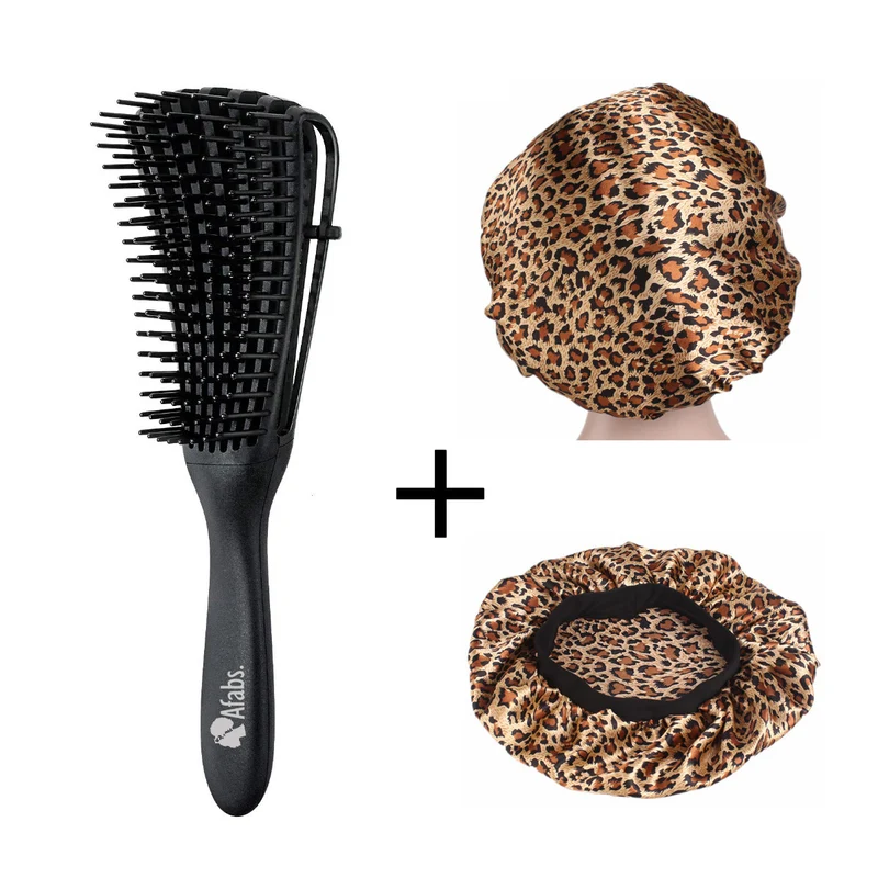 Afabs® Zwarte Anti-klit Haarborstel + Panter print satijnen slaapmuts | Detangler brush | Detangling brush | Satin cap / Hair bonnet / Satijnen nachtmuts / Satin bonnet | Kam voor Krullen | Kroes haar borstel