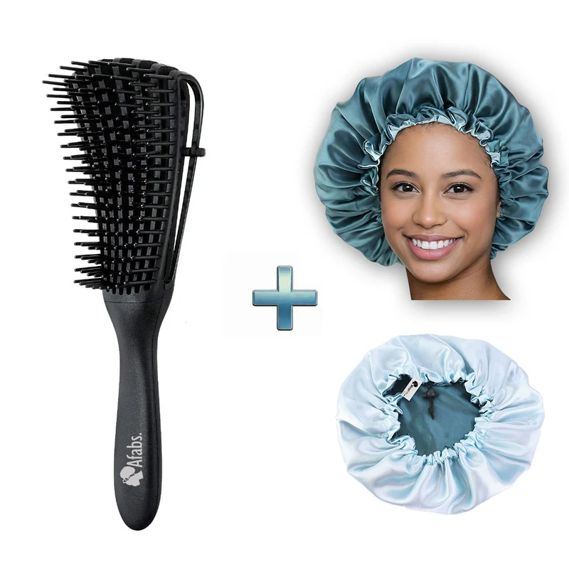 Afabs® Zwarte Anti-klit Haarborstel + Groene satijnen slaapmuts | Detangler brush | Detangling brush | Satin cap / Hair bonnet / Satijnen nachtmuts / Satin bonnet | Kam voor Krullen | Kroes haar borstel