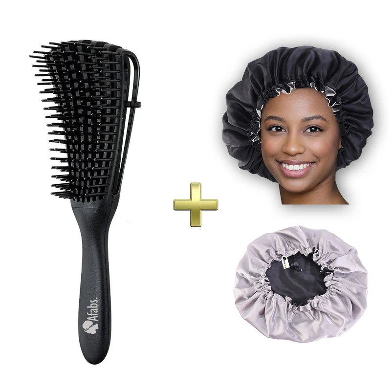 Afabs® Zwarte Anti-klit Haarborstel + Zwarte satijnen slaapmuts | Detangler brush | Detangling brush | Satin cap / Hair bonnet / Satijnen nachtmuts / Satin bonnet | Kam voor Krullen | Kroes haar borstel