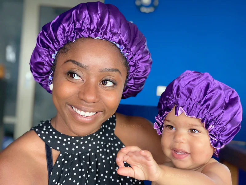 Paarse Satijnen Slaapmuts (Moeder + Dochter / Mommy & Me ) Kinder Haar Bonnet van Satijn