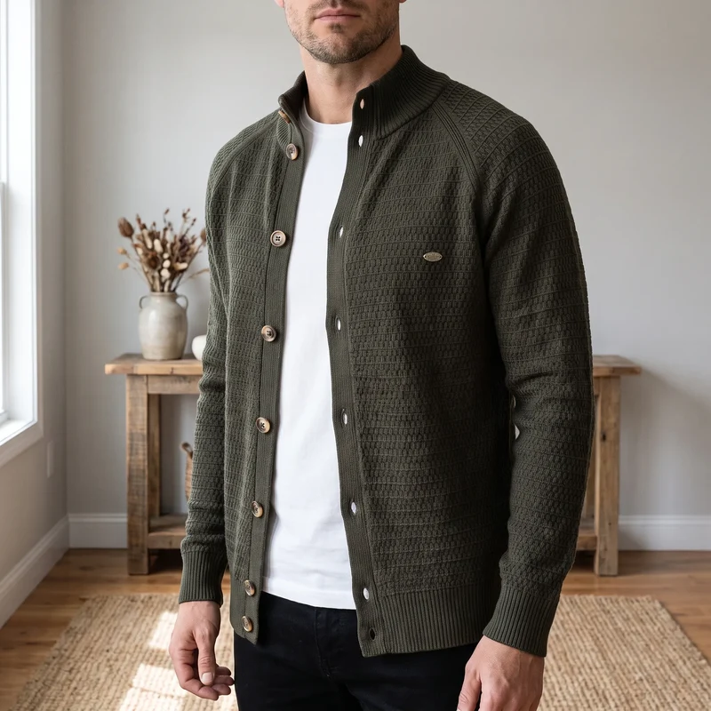 Vest heren | Gebreid model met knopen en opstaande kraag